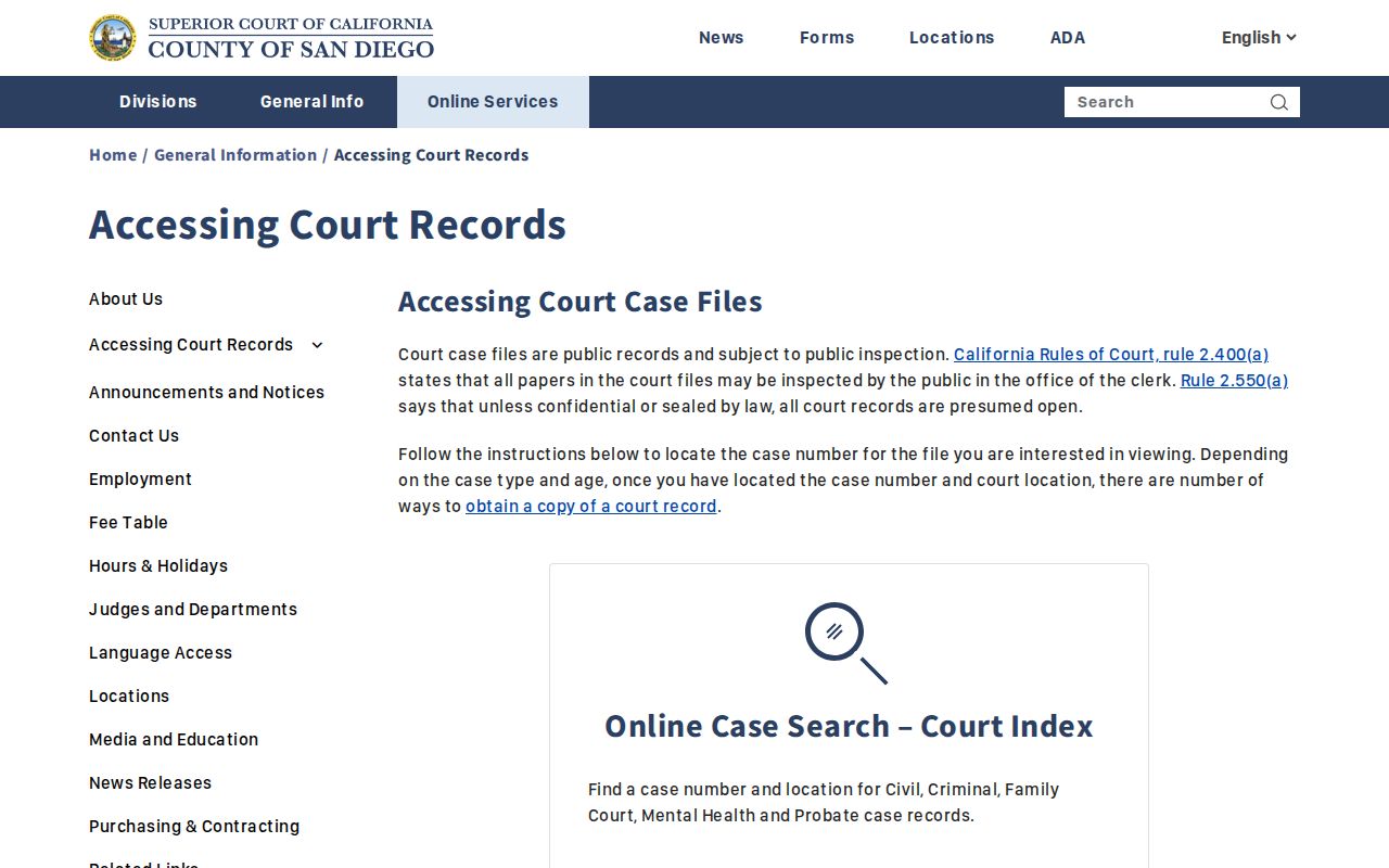 Carlsbad public records San Diego Superior Court access page