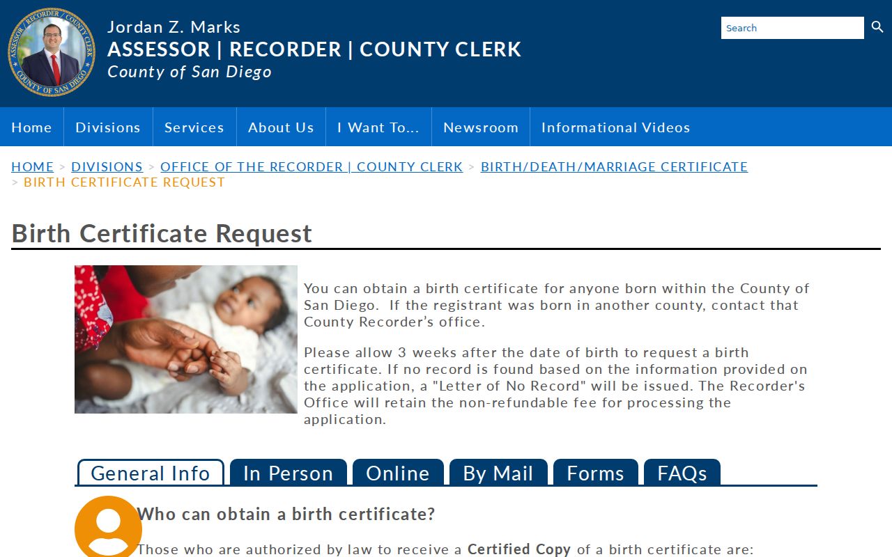 Carlsbad public records San Diego ARCC birth certificate order page