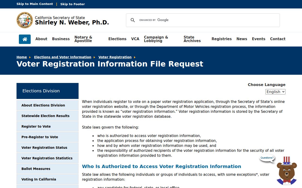 Carlsbad voter registration records California Secretary of State voter file request page